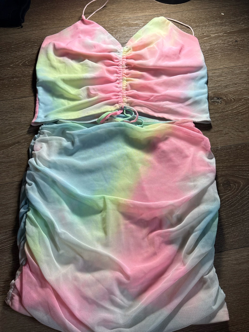 Pastel Tie-Dye Ruched Two-Piece Skirt Set - Pink Mint Blue
